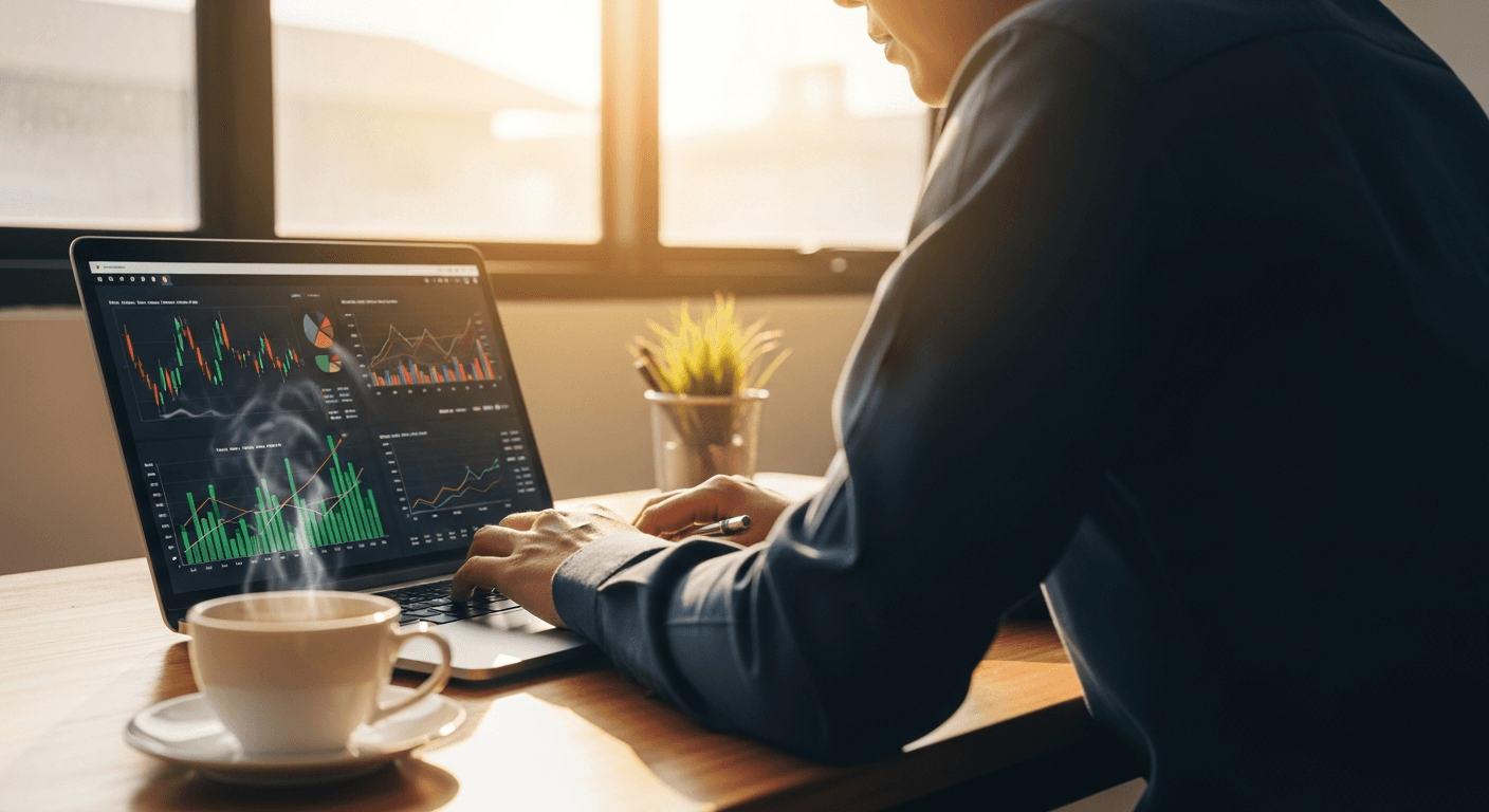 Dirigeant de PME analysant ses indicateurs de trésorerie sur un écran d'ordinateur