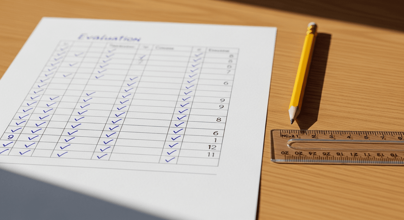 Grille de notation manuscrite pour comparer des ERP sur une table de bureau